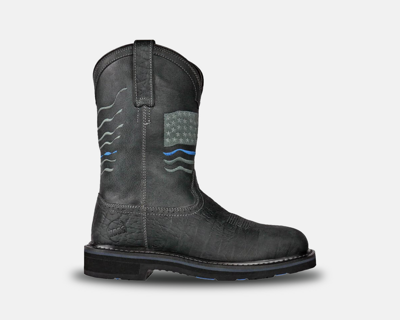 Hoss Rushmore Comp Toe Western Boot in black leather with American flag-inspired stitching and blue accents, side view.