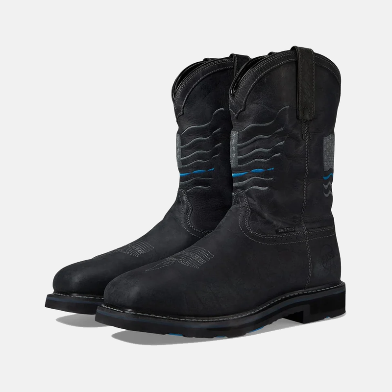 Hoss Rushmore Comp Toe Western Boot in black with wave stitch detail, waterproof leather, and durable outsole, angled front view.