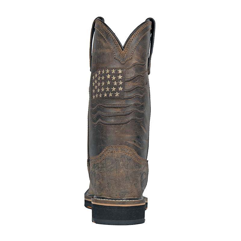 Hoss Rushmore Western Rancher boots back view in distressed brown leather featuring embroidered American flag design.