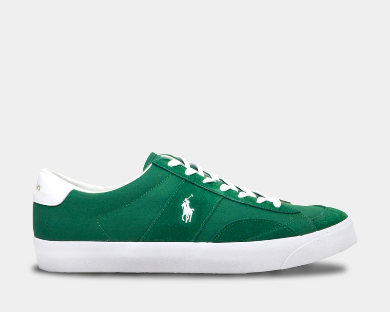Polo Ralph Lauren Sayer Leather-Suede sneakers in green with white Polo logo, lace-up closure, and white rubber sole, side view.