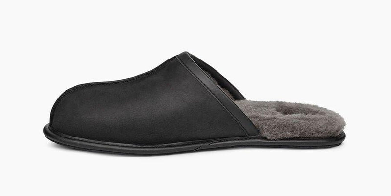 UGG Scuff Leather Slipper in black with soft suede upper and plush shearling lining, side view.