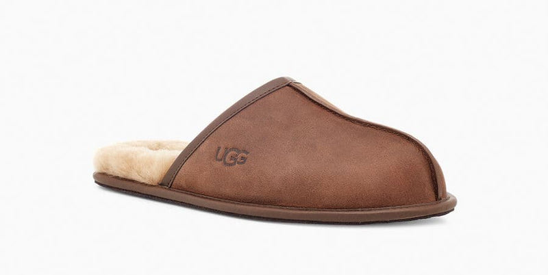 UGG Scuff Leather Slipper in chestnut brown with suede upper, plush shearling lining, and open-back design, side view.