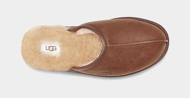 UGG Scuff Leather Slipper in brown with soft shearling lining and embossed logo, top view.