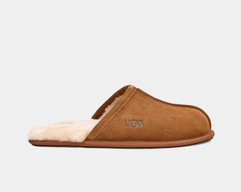 UGG Scuff slippers in chestnut suede with soft shearling lining and embossed logo on the side, side profile view