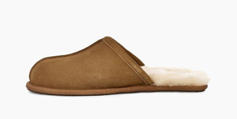 UGG Scuff slippers in chestnut brown suede with soft shearling lining, side view showcasing slip-on design and textured sole.