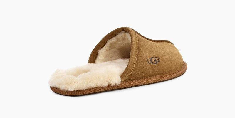 UGG Scuff slippers in chestnut brown suede with plush shearling lining, side view showcasing UGG logo.