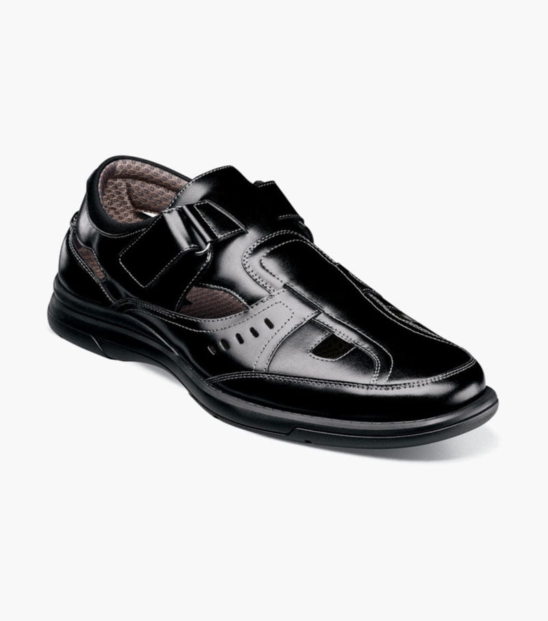 Stacy Adams Scully shoes in black leather with cutout details and adjustable strap, front angle view.