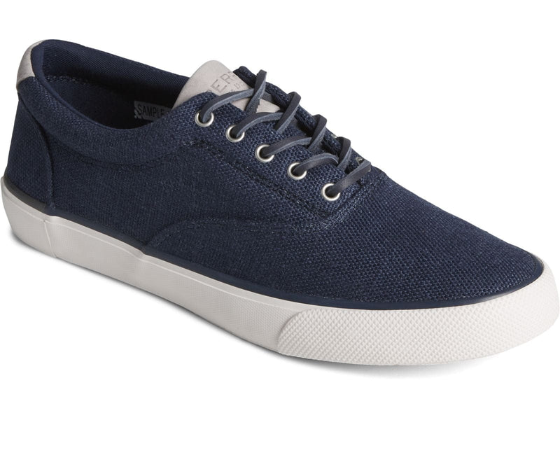 Sperry SeaCycled™ Striper II CVO Baja casual sneakers in navy blue with textured recycled canvas upper and white rubber outsole, front-side view.