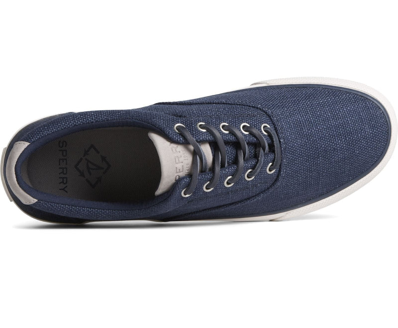 Sperry SeaCycled™ Striper II CVO Baja sneakers in navy blue with a textured canvas upper and white rubber outsole, top view showing lace-up design and padded collar.