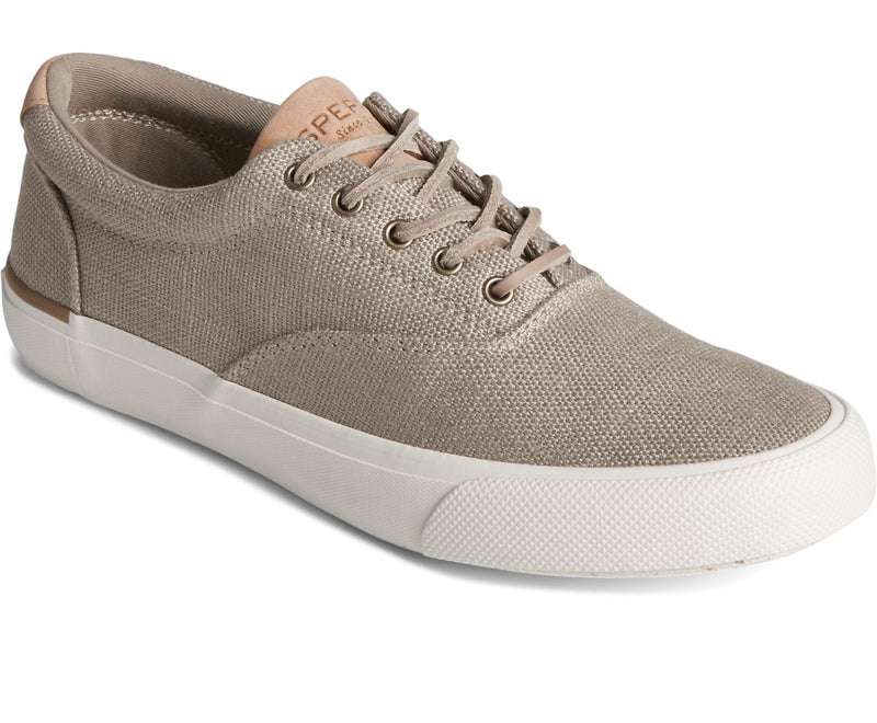 Sperry SeaCycled™ Striper II CVO Baja sneakers in beige textile with a white rubber sole and lace-up design, angled front view.