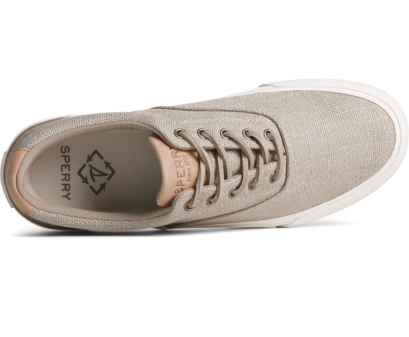Sperry SeaCycled™ Striper II CVO Baja sneakers in beige recycled materials with lace-up design, top view.