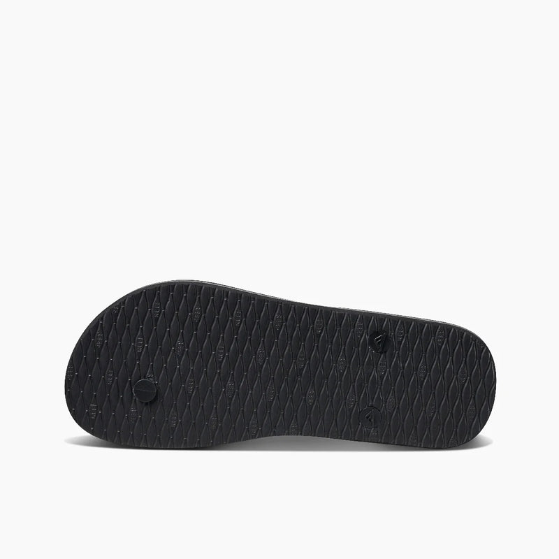 "Reef Seaside sandals black rubber sole with textured grip pattern, bottom view"