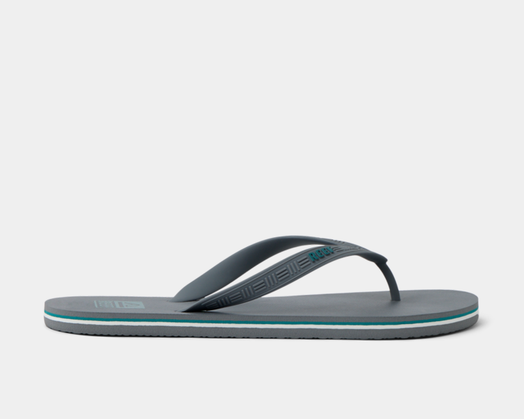 Reef Seaside sandals in dark gray with geometric strap design and contrasting teal stripe, side view.