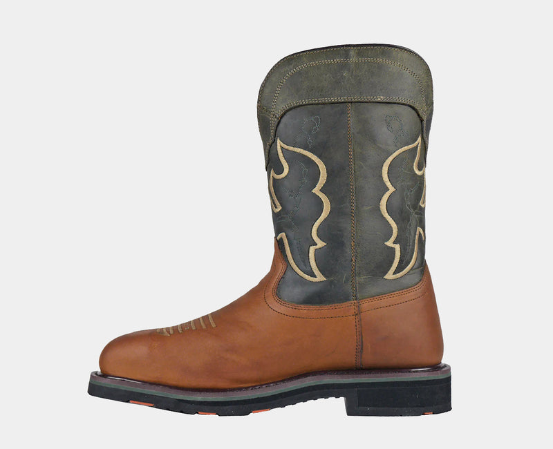 Hoss Showdown Comp Toe Western Boot in brown and dark green leather with decorative stitching and sturdy outsole, side view.