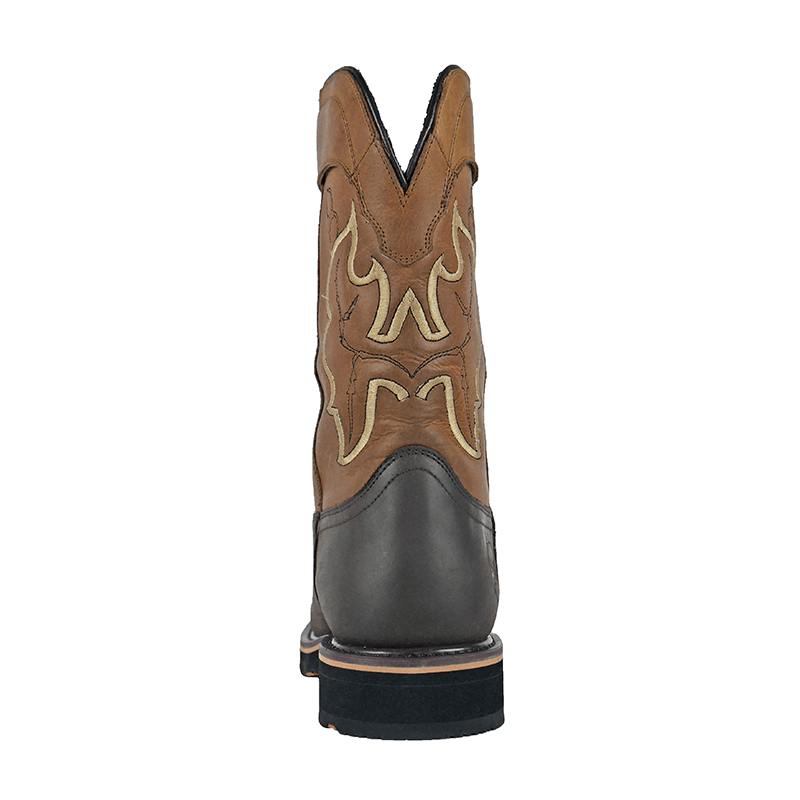 Hoss Showdown Comp Toe Western Boot back view featuring brown leather upper with embroidered detailing and black heel.