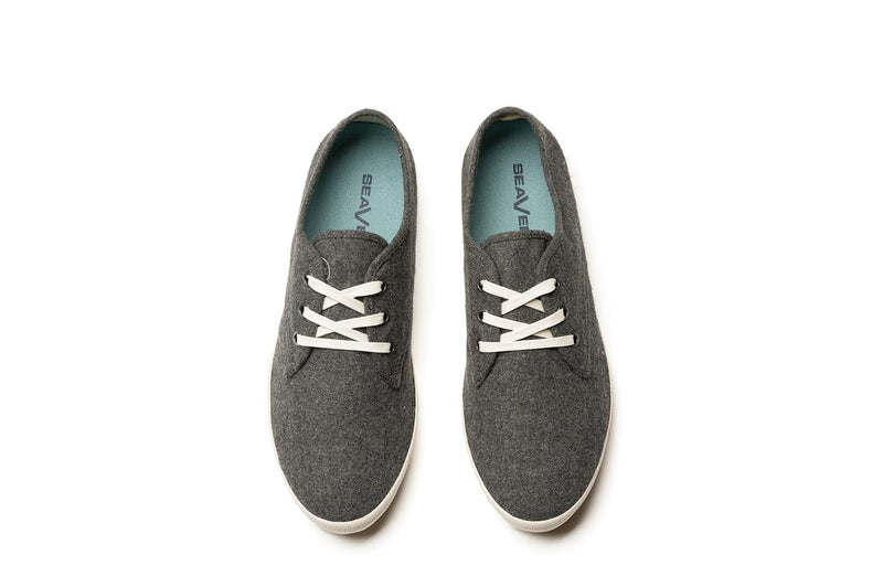 SeaVees Sixty Six shoes in charcoal gray with white laces, textured upper, and light blue insoles, top view.