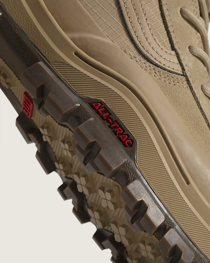 Vans Sk8-Hi GORE-TEX Insulated Shoe close-up of rugged All-Trac outsole and beige suede upper.