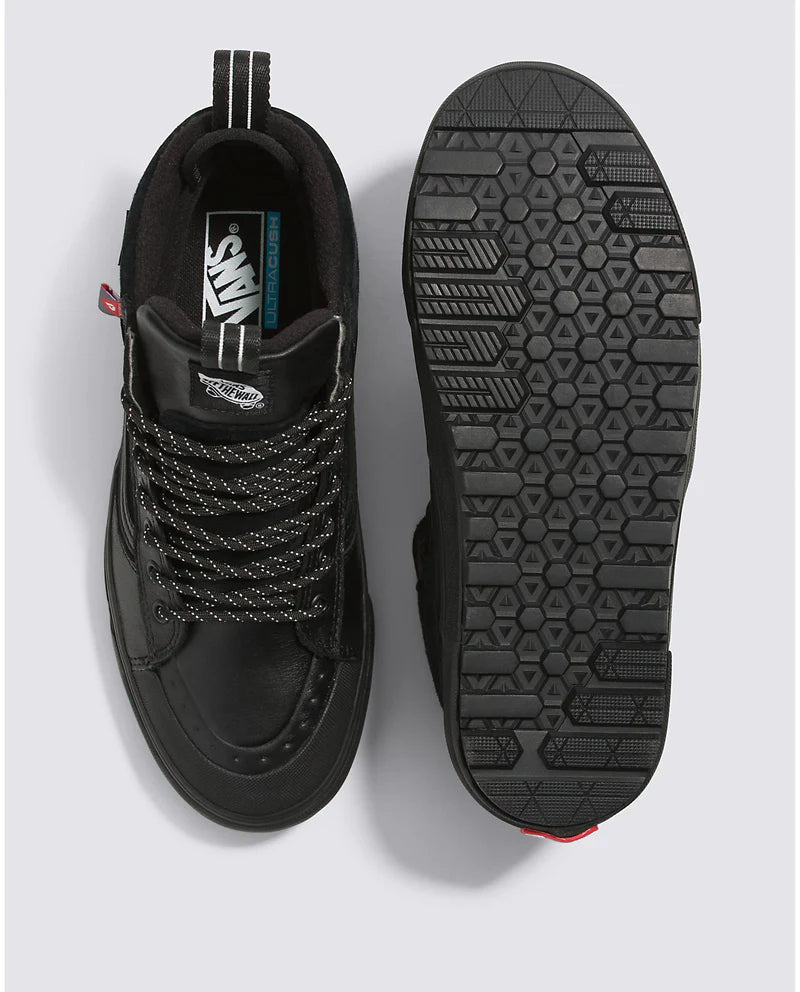 Vans Sk8-Hi MTE-2 shoes in black with water-resistant leather upper, patterned laces, and Ultracush insole, top and outsole views.