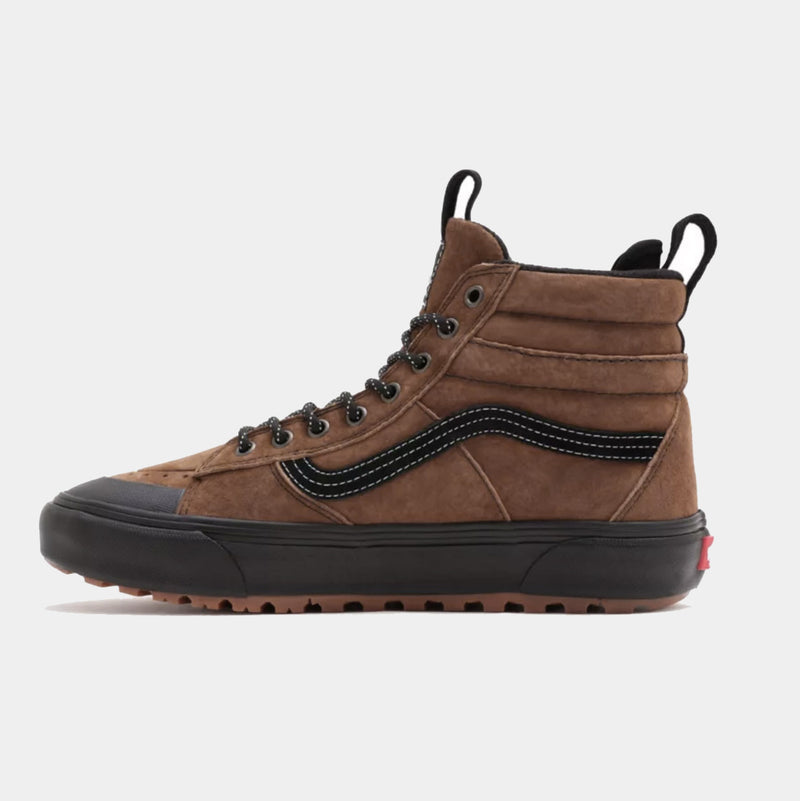 Vans Sk8-Hi MTE-2 high-top sneakers in brown suede with black accents, padded collar, and lugged outsole, side view.