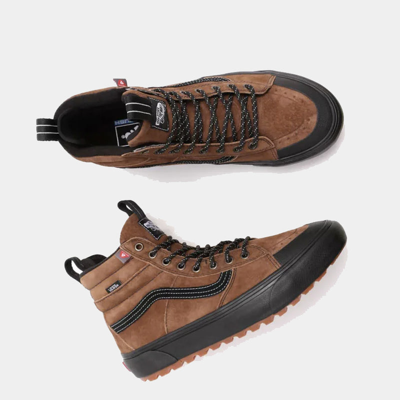 Vans Sk8-Hi MTE-2 sneakers in brown suede with black rubber outsole, water-resistant upper, and textured lug sole, top and side view.