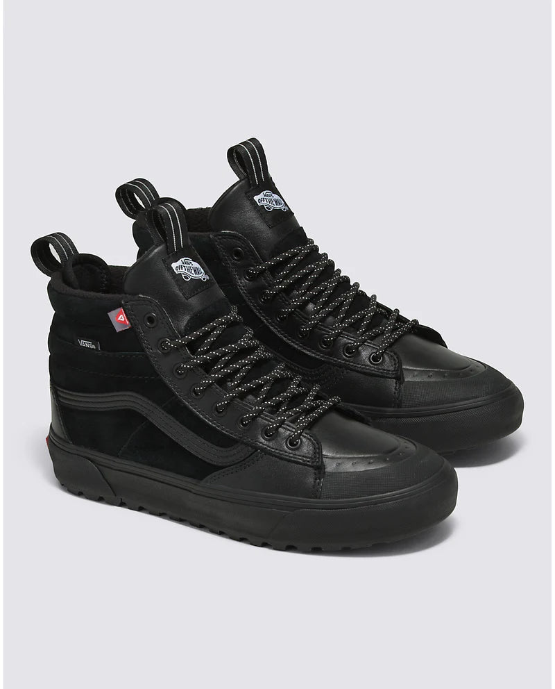 Vans Sk8-Hi MTE-2 high-top sneakers in black featuring rugged outsole, weather-resistant suede and leather upper, and reinforced toe box, angled front view.