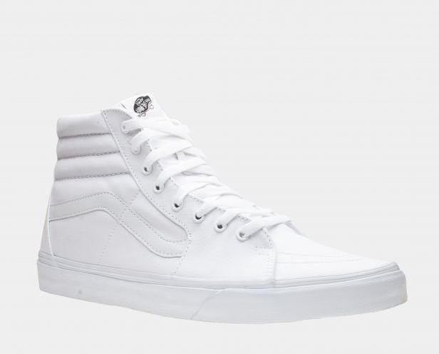 Vans Sk8-Hi skate shoes in white canvas with high-top design and padded collar, side angle view.