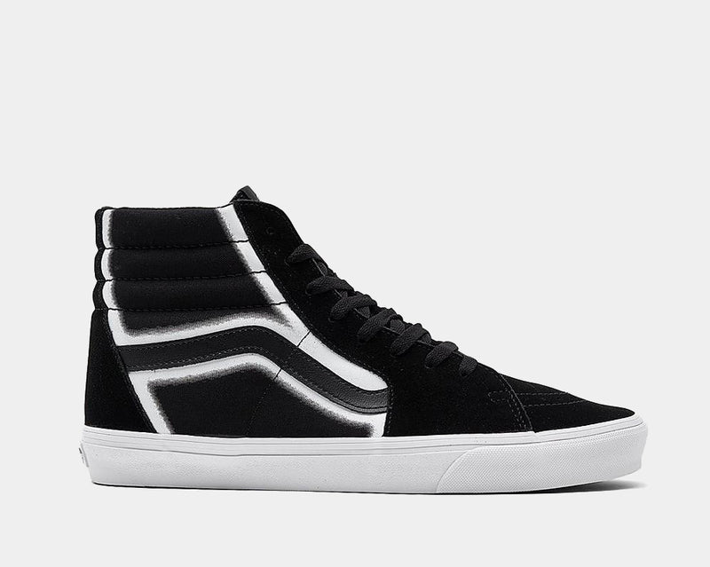 Vans Sk8-Hi high-top sneakers in black suede and canvas with white side stripe, side view.
