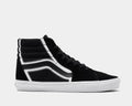 Vans Sk8-Hi high-top sneakers in black suede and canvas with white side stripe, side view.