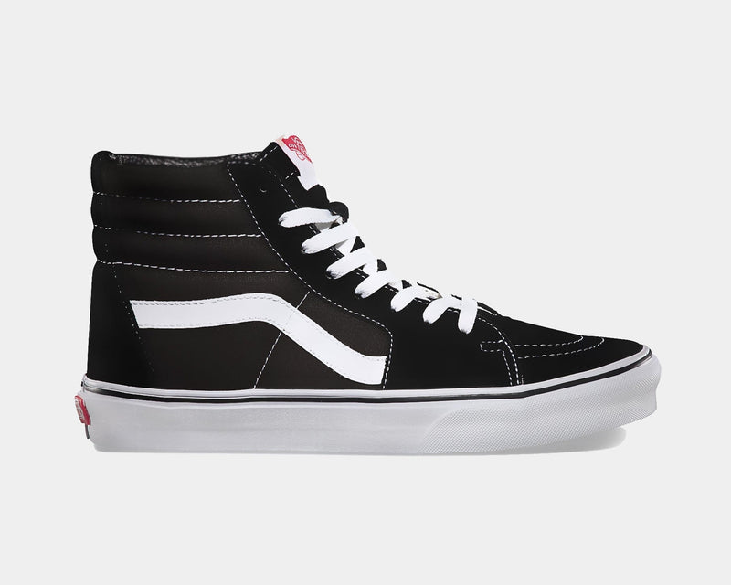 Vans Sk8-Hi sneakers in black canvas and suede with white contrast stitching, iconic side stripe, and white rubber sole, side view.