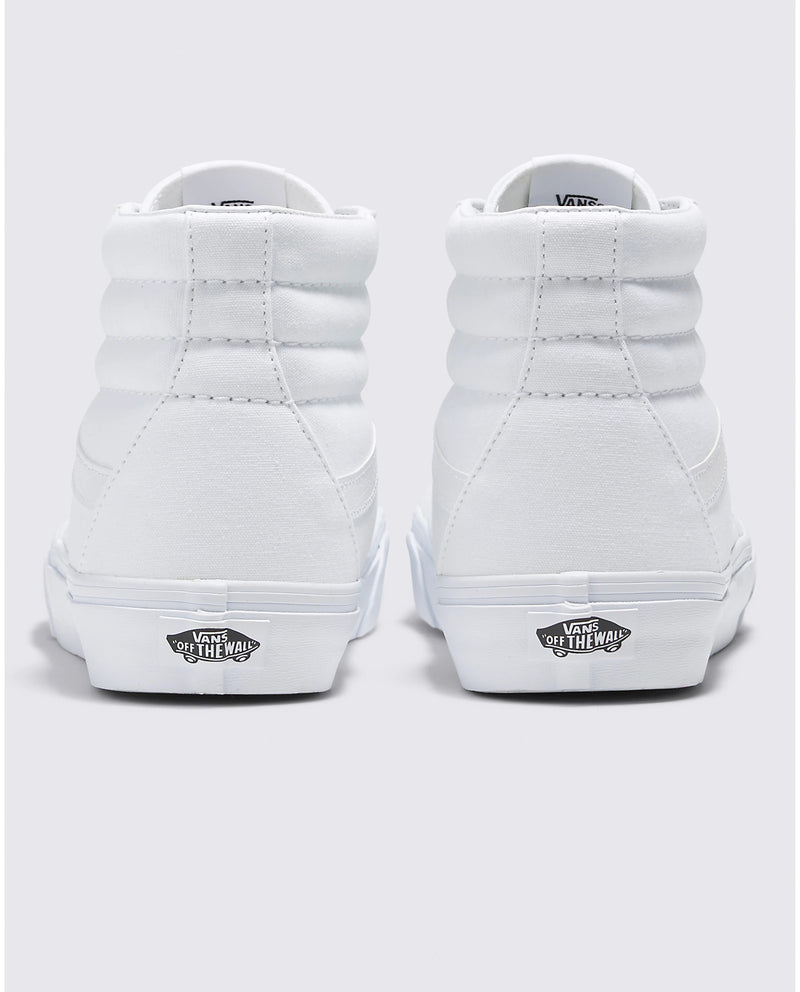 Vans Sk8-Hi sneakers in white canvas with padded collar and signature "Off the Wall" logo detail, back view.