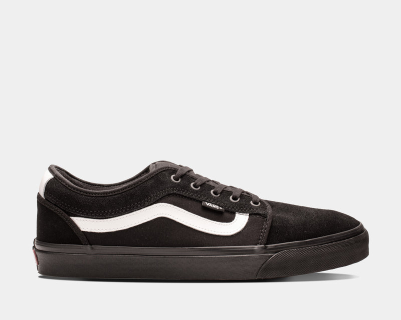Vans Skate Chukka Low Sidestripe Core skate shoes in black suede and canvas with white sidestripe and black outsole, side view.