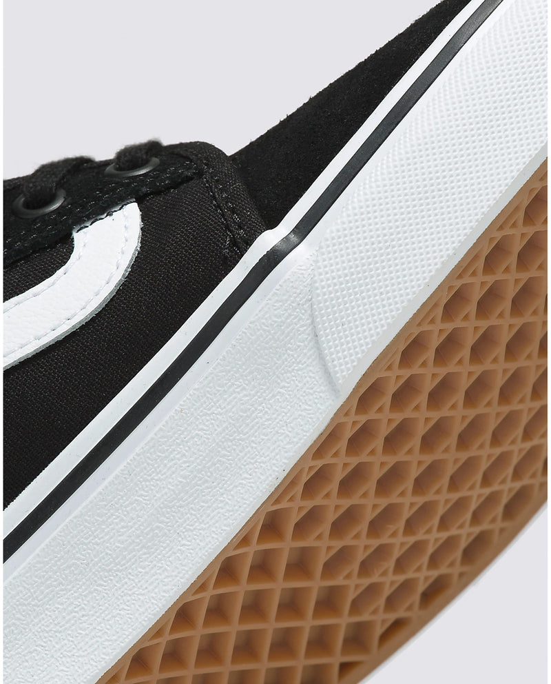 Vans Skate Chukka Low Sidestripe Core skate shoes in black canvas with white suede sidestripe, gum waffle outsole close-up.