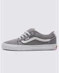 Vans Skate Chukka Low Sidestripe shoes in gray suede and canvas with white leather sidestripe and white rubber sole, side view.