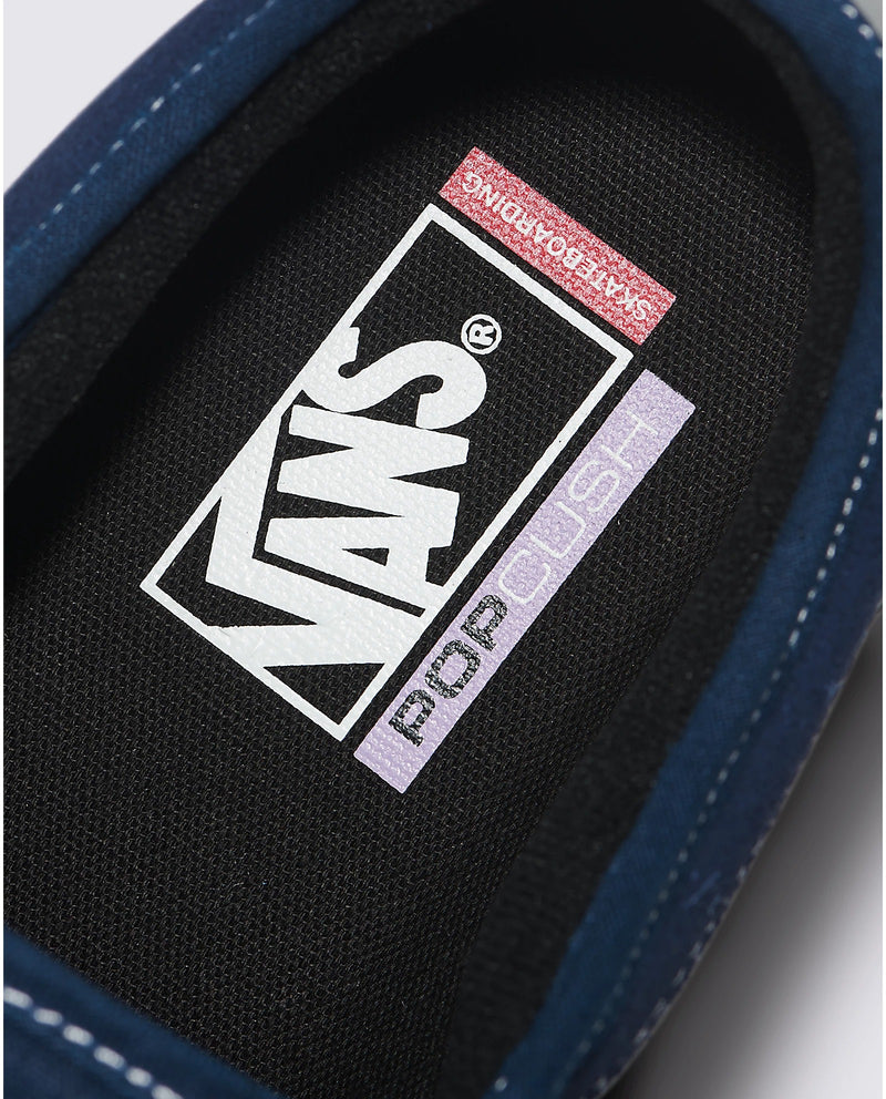 Vans Skate Chukka Low Sidestripe insole with black cushioning and Vans PopCush branding in white, purple, and red, close-up view.