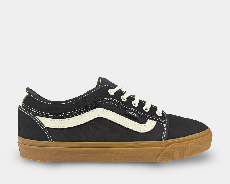 Vans Skate Chukka Low Sidestripe skate shoes in black canvas upper with white sidestripe and gum rubber outsole, side view.