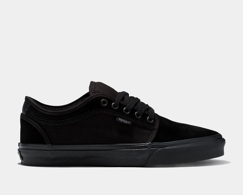 Vans Skate Chukka Low skate shoes in black suede and canvas upper with tonal stitching and lace-up closure, side view.