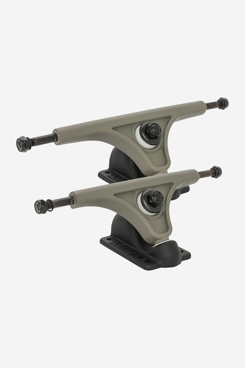 Pair of 150mm Slant Mag reverse kingpin longboard trucks in grey with black axles and white bushings.
