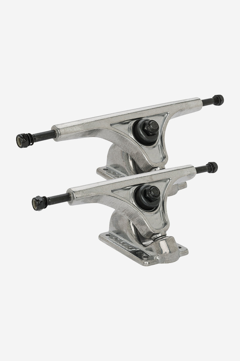 Slant reverse kingpin longboard trucks in raw metal finish.
