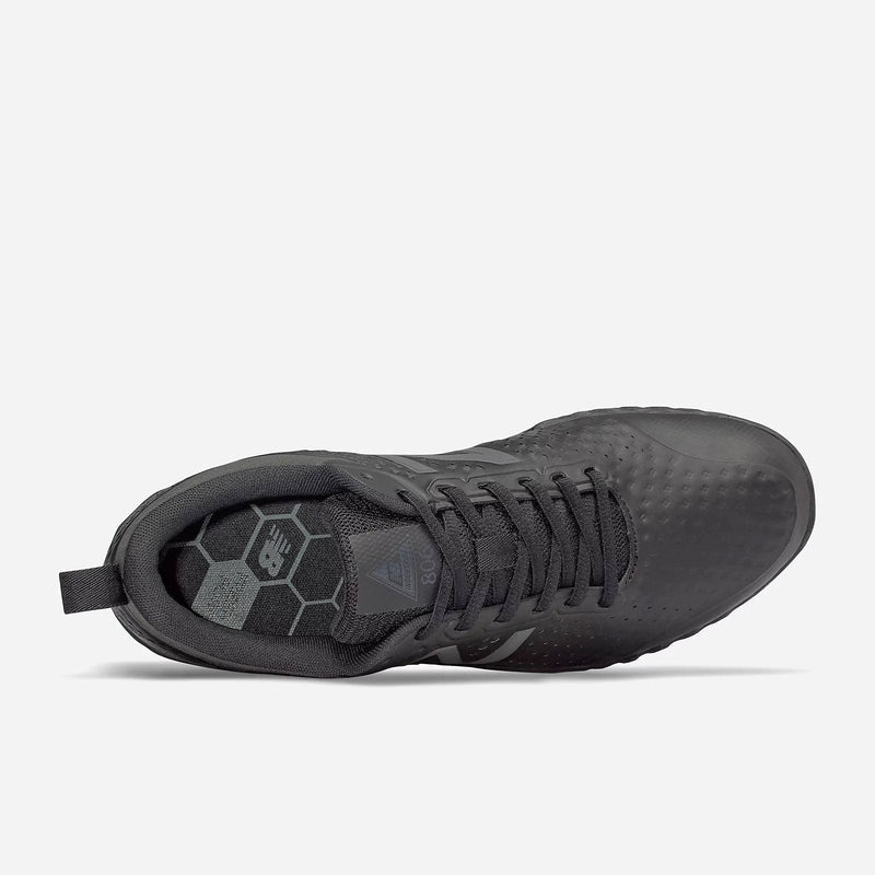 New Balance Slip Resistant Fresh Foam 806 shoes in black with textured synthetic upper and cushioned insole, top view.