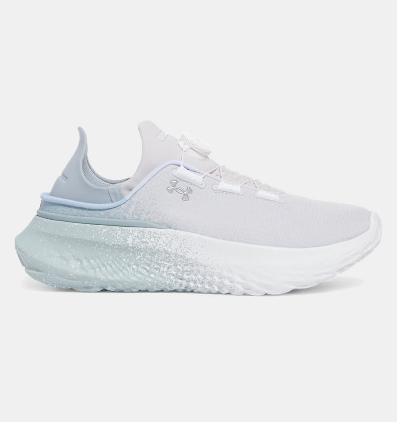 Under Armour SlipSpeed™ Mega Fade shoes in white and blue, featuring fade-effect midsole, soft upper, and BOA Fit System, side view.