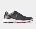 Callaway Solana TRX v2 golf shoes in black with synthetic upper, cushioned white midsole, and red spiked outsole, side view.