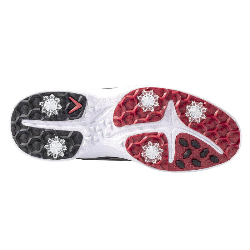 Callaway Solana TRX v2 Golf shoes outsole showing spiked traction system with black and red rubber sections and white detailing.