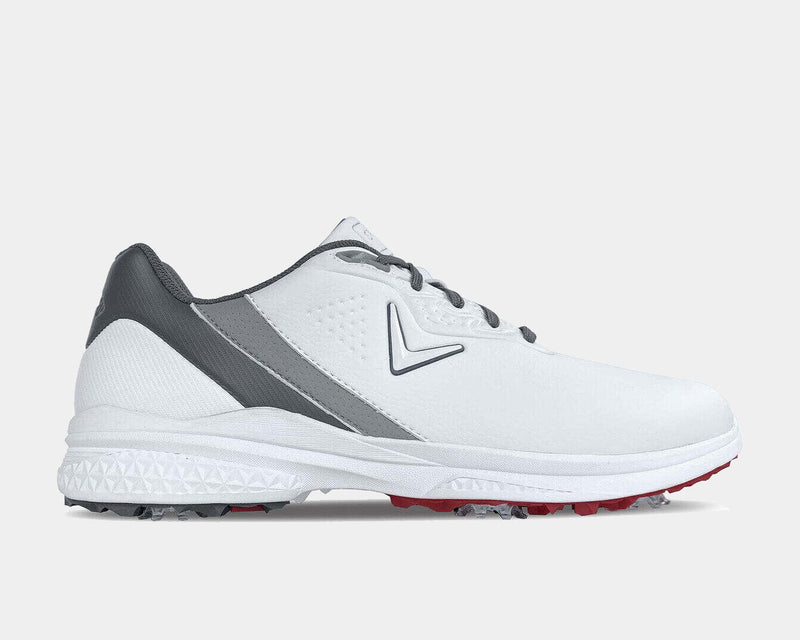 Callaway Solana TRX v2 Golf shoes in white with gray accents, spiked red and black outsole, side view.