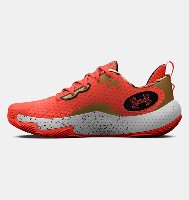 Under Armour Spawn 5 Let's 3 basketball shoes in vibrant red with gold accents, breathable mesh upper, and speckled gray midsole, side view.