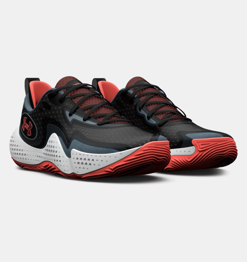 Under Armour Spawn 5 basketball shoes in black, red, and gray with perforated midsole and textured outsole, front angle view.