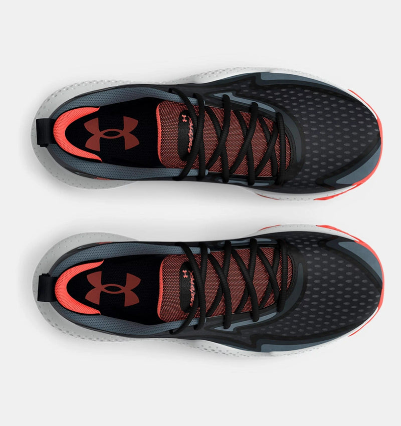 Under Armour Spawn 5 basketball shoes top view showing black mesh upper, red accents, lace-up design, and logo detailing.