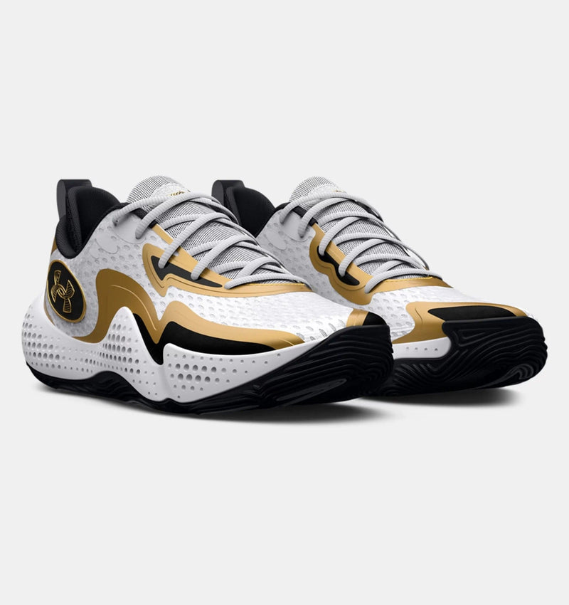 Under Armour Spawn 5 basketball shoes in white with gold and black accents, breathable mesh upper, and durable outsole, front angle view.