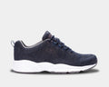 A navy and grey sneaker with a knit mesh upper and a roomy toe box.