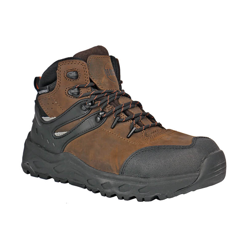 Hoss Stomp 6″ Waterproof Safety Toe boots in brown leather with a black rubber sole and safety toe, front-side view.