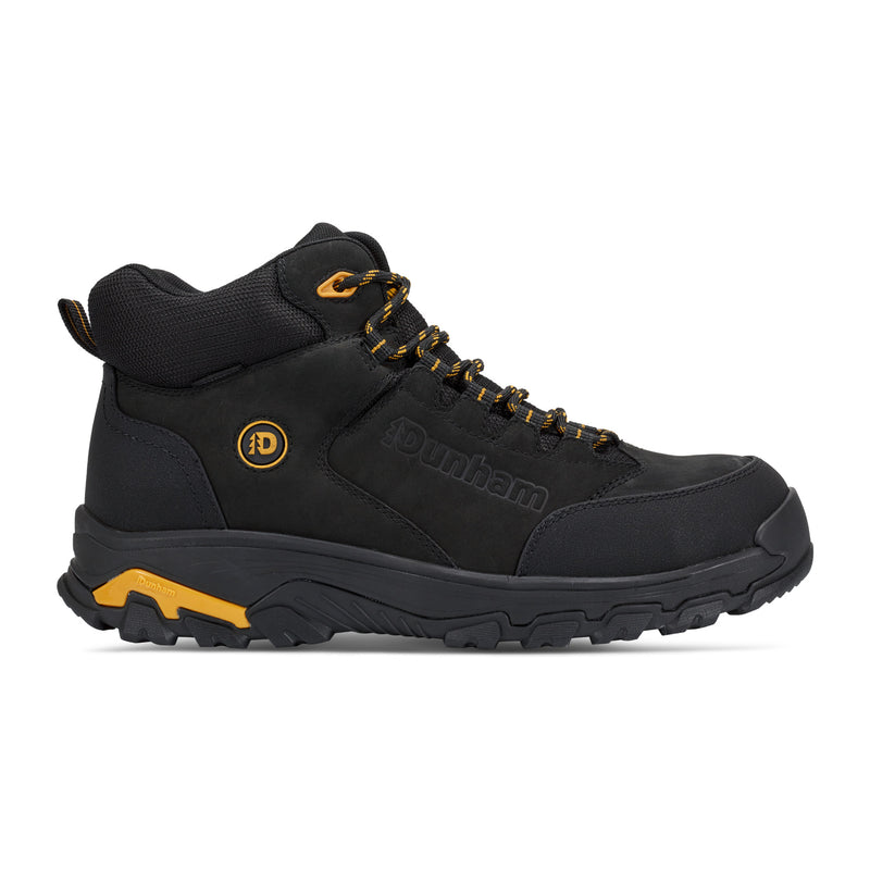 Dunham Stone Safety Toe Work Boot in black leather with yellow accents, rugged outsole, and secure lace-up closure, side view.